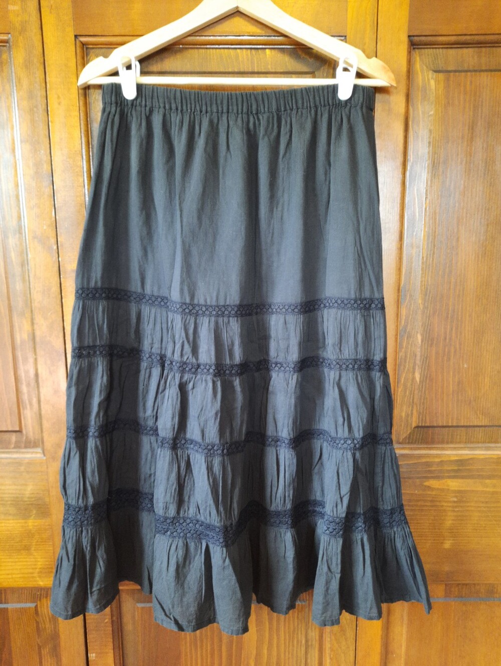 Vintage Rampage R Wear 100% Cotton Black Tiered Lace Trim Midi Skirt Size Medium
